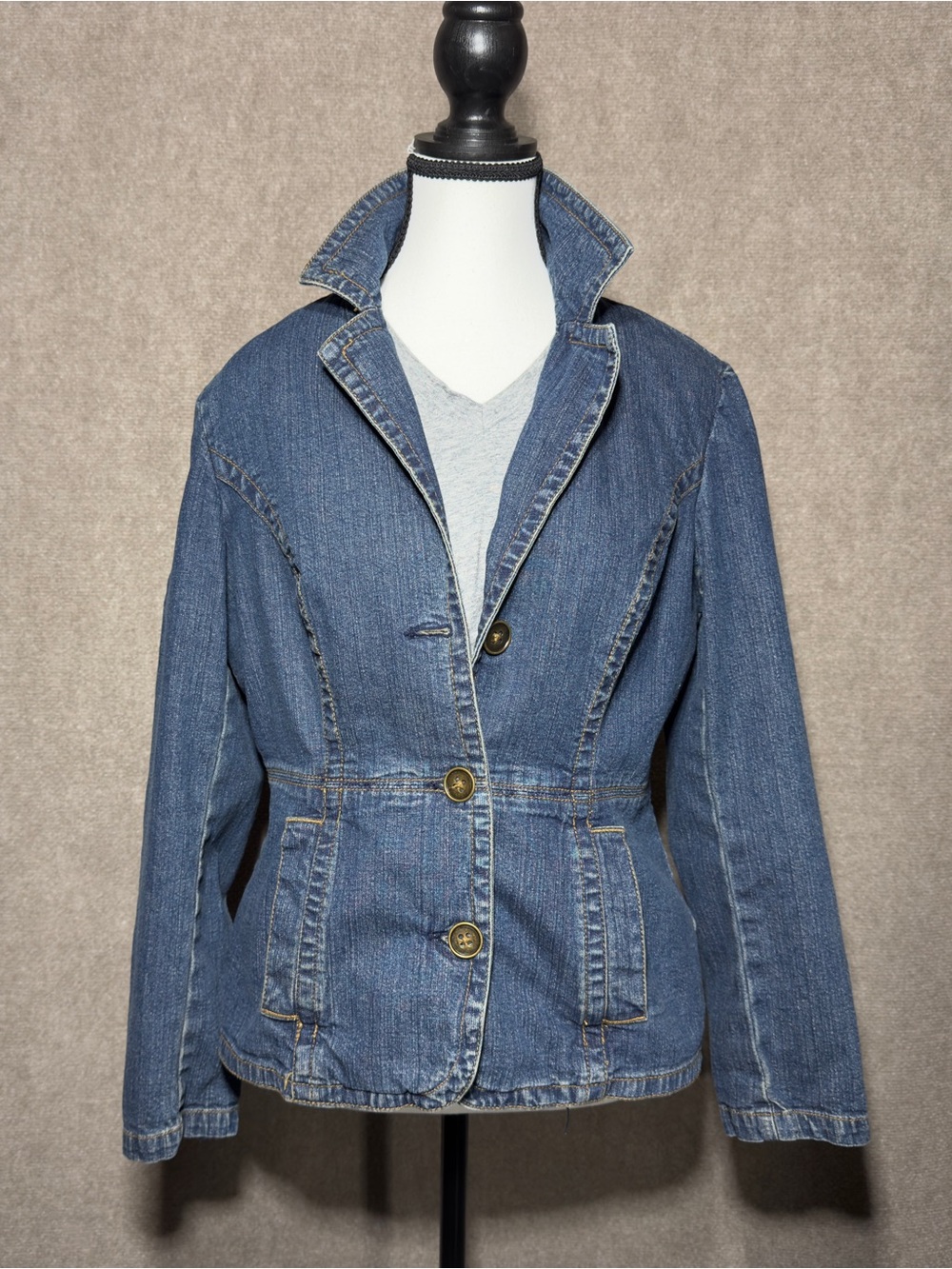 St. Johns Bay Jean Jacket MP Denim Blazer Blue Fitted Button Front Layer Preppy